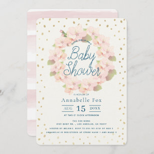 Pink & Gold Cherry Blossom Wreath Baby Shower Invitation