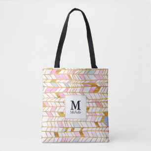 Pink & Gold Chevron Pattern Monogram Tote Bag