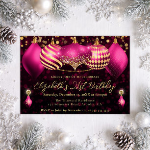Pink Gold Christmas Baubles 21st Birthday Invitation