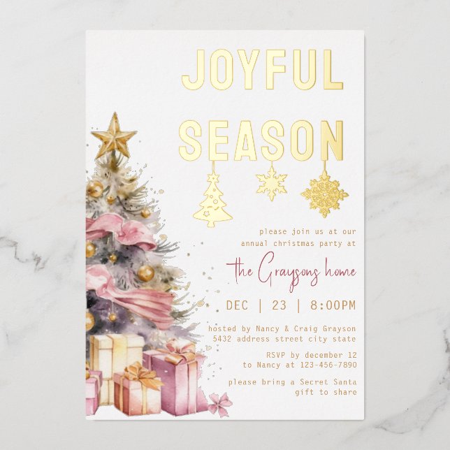 Pink & Gold Christmas Foil Holiday Invitation Card (Front)
