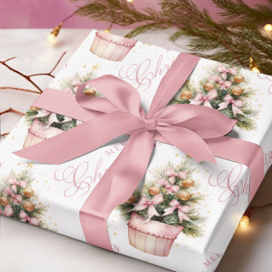 Pink Gold Christmas Tree Ornaments & Bows Wrapping Paper