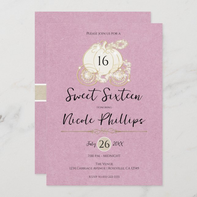 Pink Gold Cinderella Carriage Sweet 16 Party Invitation (Front/Back)