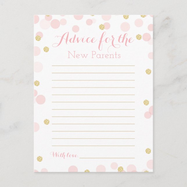Pink Gold Confetti Baby Shower Advice Card (Front)