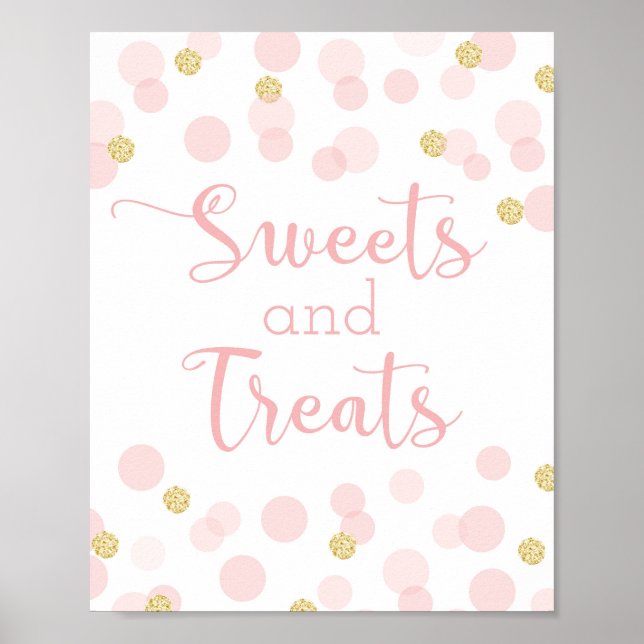 Pink Gold Confetti Baby Shower SweetsTreats Sign (Front)