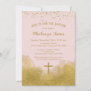 Pink Gold Confetti Baptism Invitation Girl