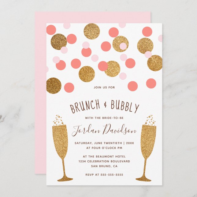 Pink & Gold Confetti Brunch & Bubbly Invitations (Front/Back)