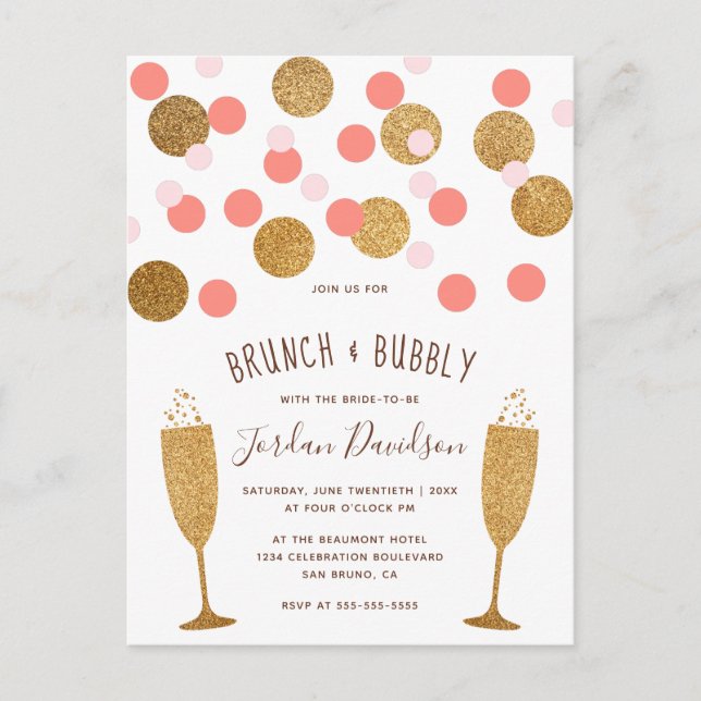 Pink & Gold Confetti Brunch & Bubbly Invites (Front)