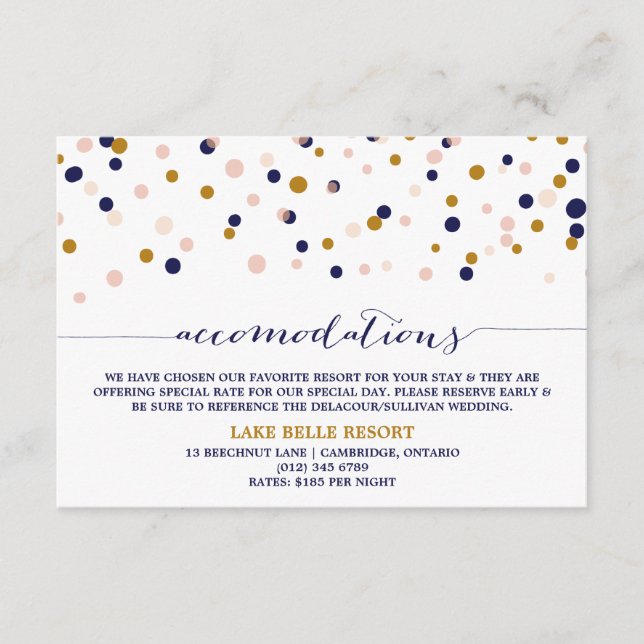 Pink & Gold Confetti Dots Accommodations Card II (Front)