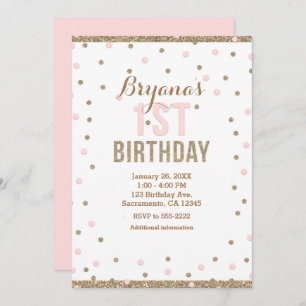 Pink & Gold Confetti Dots Girls 1st Birthday Party Invitation