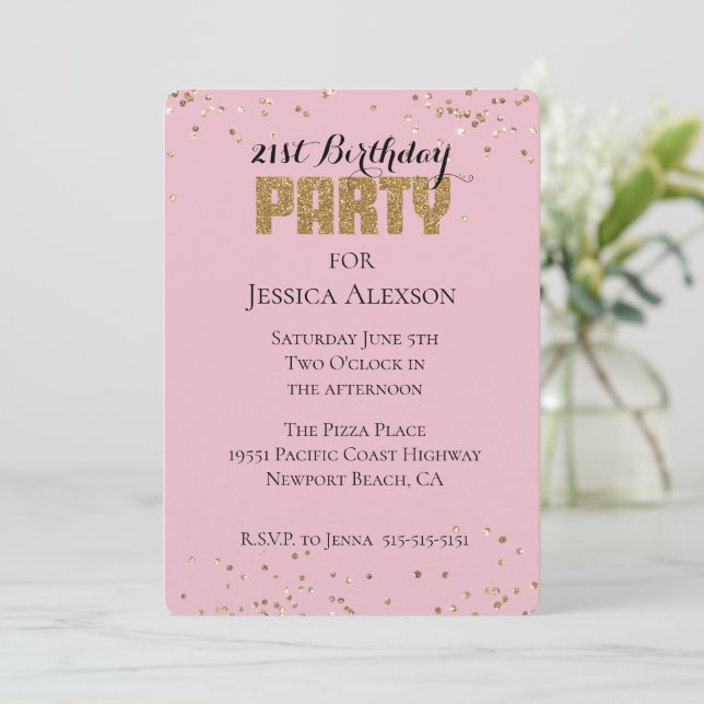 Pink Gold Confetti Glitter Birthday Invitation (Standing Front)