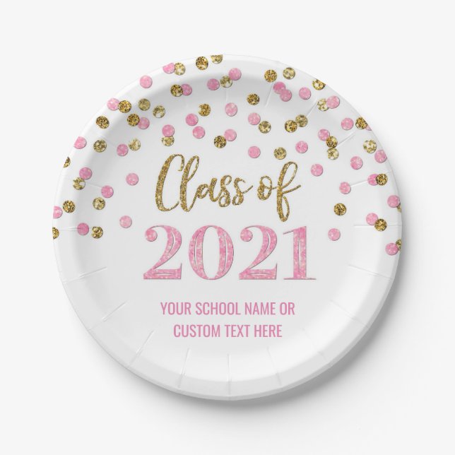Pink Gold Confetti Graduation 2021 Paper Plate (Front)