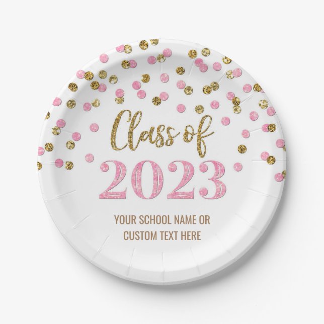 Pink Gold Confetti Graduation 2023 Paper Plate (Front)