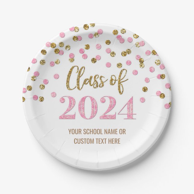 Pink Gold Confetti Graduation 2024 Paper Plate (Front)