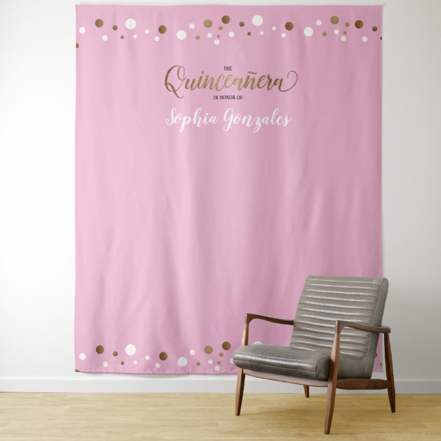 Pink Gold Confetti Name Quinceanera backdrop Tapestry (In Situ)