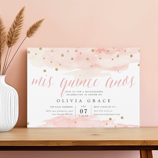 Pink & Gold Confetti Pop | Watercolor Quinceanera Invitation (Creator Uploaded)