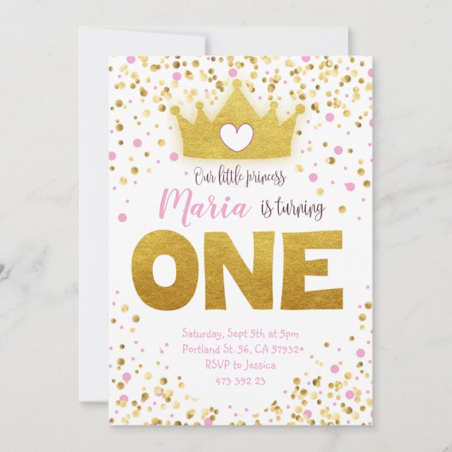 Pink Gold Confetti Princess Birthday Invitation  (Front)