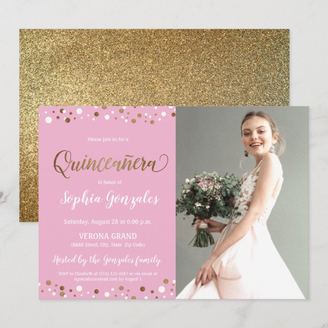 Pink Gold Confetti Quinceanera photo 15th birthday Invitation (Front/Back)