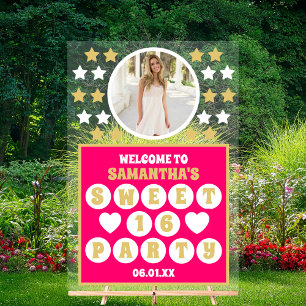 Pink Gold Confetti Stars Photo Sweet 16 Welcome Acrylic Sign