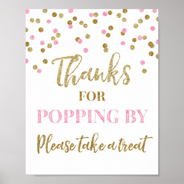 Pink Gold Confetti Thanks for Popping By Sign (Front)