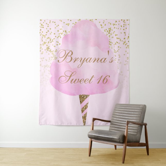 Pink & Gold Cotton Candy Sweet 16 Party Backdrop Tapestry (In Situ)
