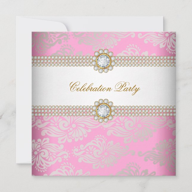 Pink Gold Cream Diamond Gem Elegant Party Invitation (Front)