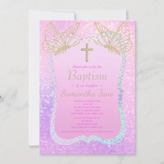 Pink Gold Cross Butterfly Religious Baptism Invitation (Front)