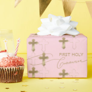 Pink Gold Cross First Holy Communion Wrapping Paper