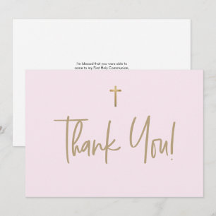 Pink Gold Cross Girl name First communion Thank You Card