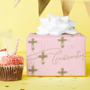 Pink Gold Cross Script Confirmation Wrapping Paper
