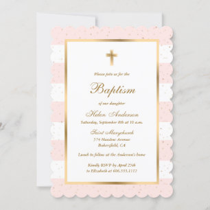 Pink Gold Cross Stars Striped Girl Baptism Invitation