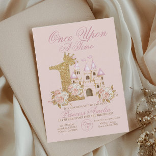 Pink Gold Crown Castle Princess 1st Birthday Invi Invitation