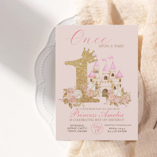 Pink Gold Crown Castle Princess 1st Birthday Invitation