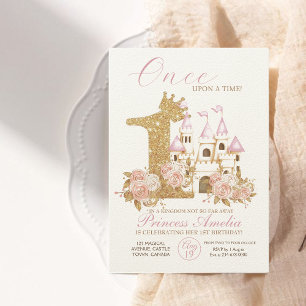 Pink Gold Crown Castle Princess 1st Birthday  Invitation