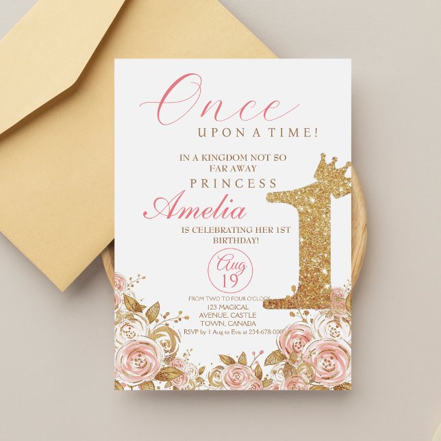 Pink Gold Crown Flower Princess First Birthday  Invitation (Creator Uploaded)