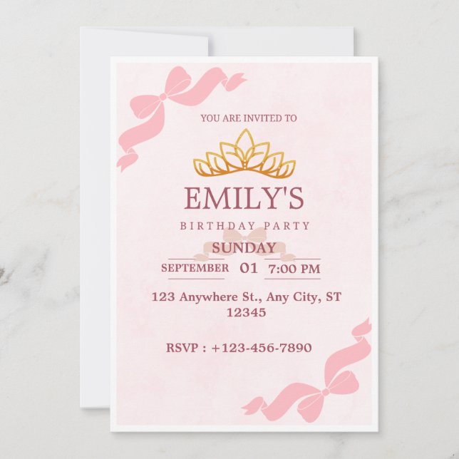Pink Gold Crown Princess Birthday Invite (Front)