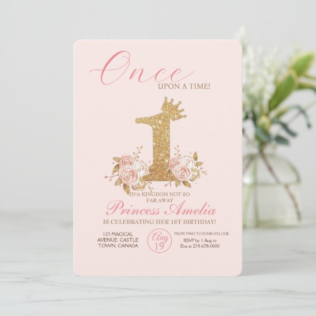 Pink Gold Crown Princess First Birthday Party  Invitation (Standing Front)