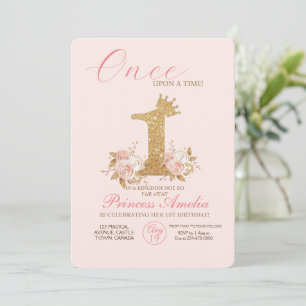 Pink Gold Crown Princess First Birthday Party Invitation