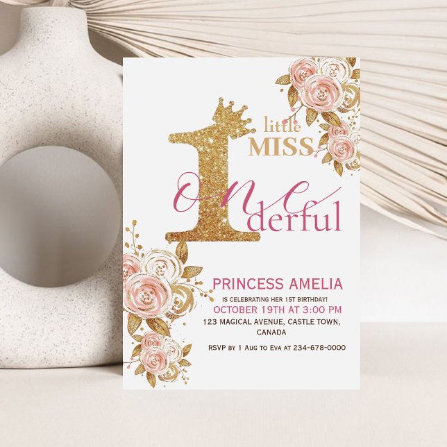 Pink Gold Crown Princess First Birthday Party  Invitation (Creator Uploaded)