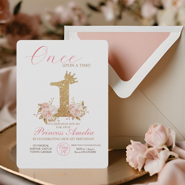 Pink Gold Crown Princess First Birthday Party  Invitation (Creator Uploaded)