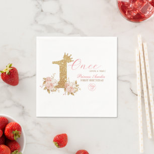Pink Gold Crown Princess First Birthday Party Napkin