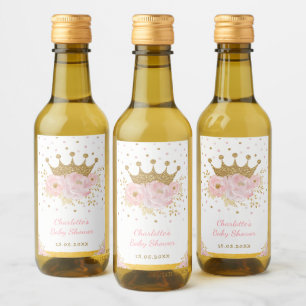 Pink Gold Crown Princess Floral Baby Girl Favors Wine Label