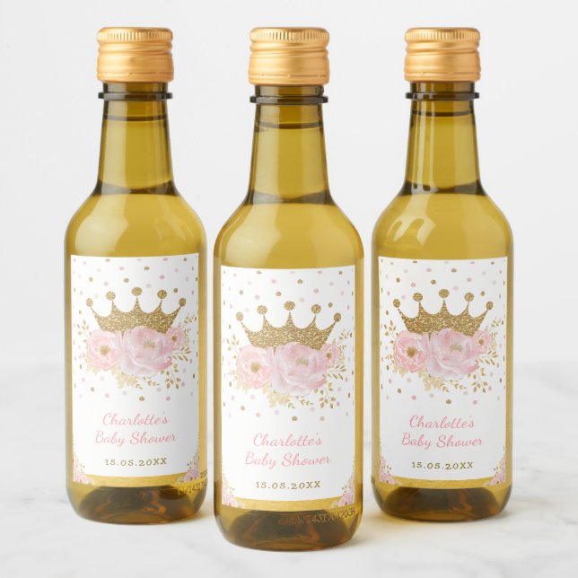 Pink Gold Crown Princess Floral Baby Girl Favours Wine Label (Bottles)