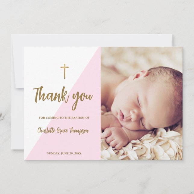 Pink Gold Custom Baby Girl Baptism Thank you  Invitation (Front)