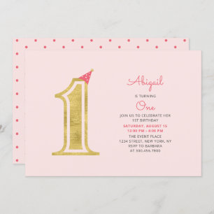 Pink & Gold    Cute Modern Girl 1st Birthday Party Invitation