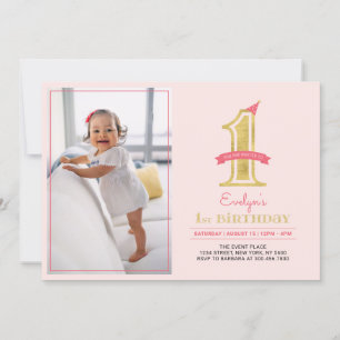 Pink & Gold Cute Modern Girl 1st Birthday Party Invitation
