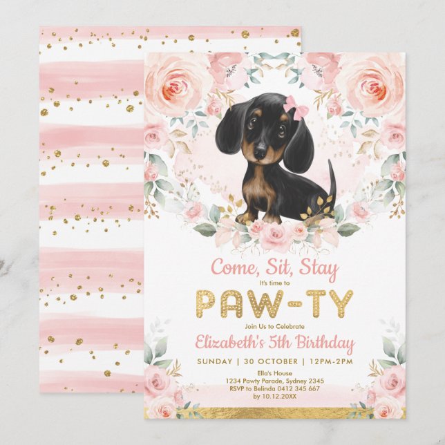 Pink Gold Dachshund Girls Birthday Puppy Pet Dog Invitation (Front/Back)