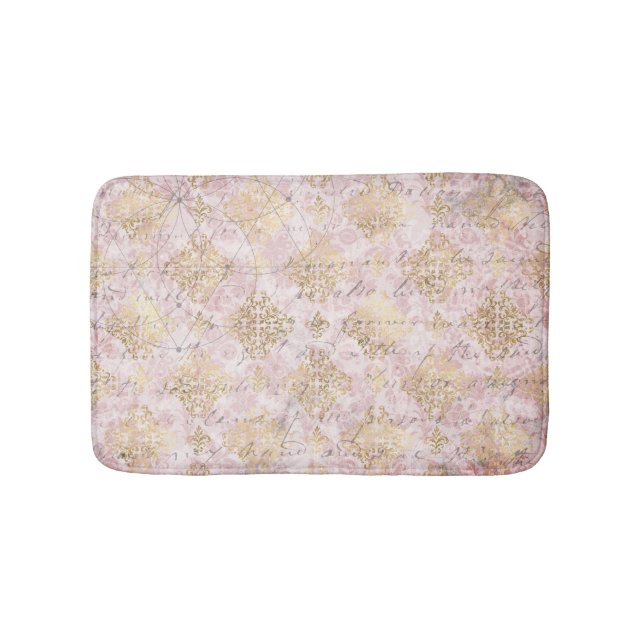 Pink Gold Damask Vintage Handwriting Ephemera Bath Mat (Front)