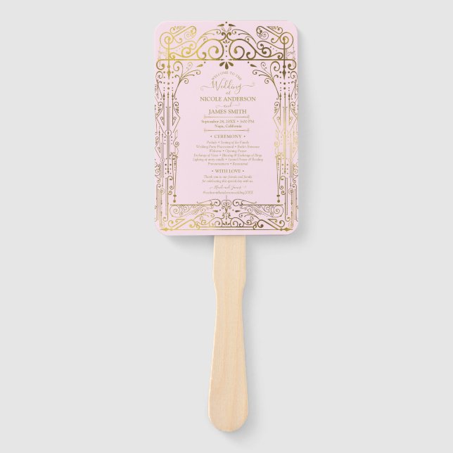 Pink Gold Deco Chic Glam Wedding Program Hand Fan (Front)