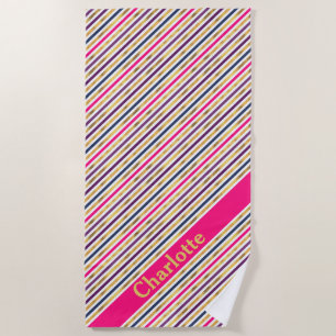 Pink Gold Diagonal Stripes Beach Towel