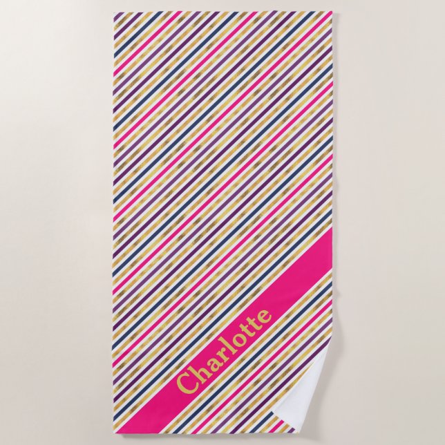 Pink Gold Diagonal Stripes Beach Towel (Front)